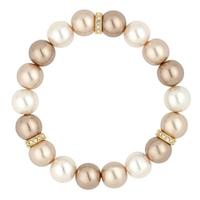 Graduated triple tone pearl and crystal gold disc stretch bracelet